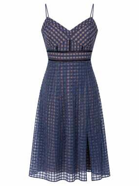 Roselani Navy Blue Tan Gingham Plaid Ladder Lace Cutout Midi Dress Size S‎ Boho